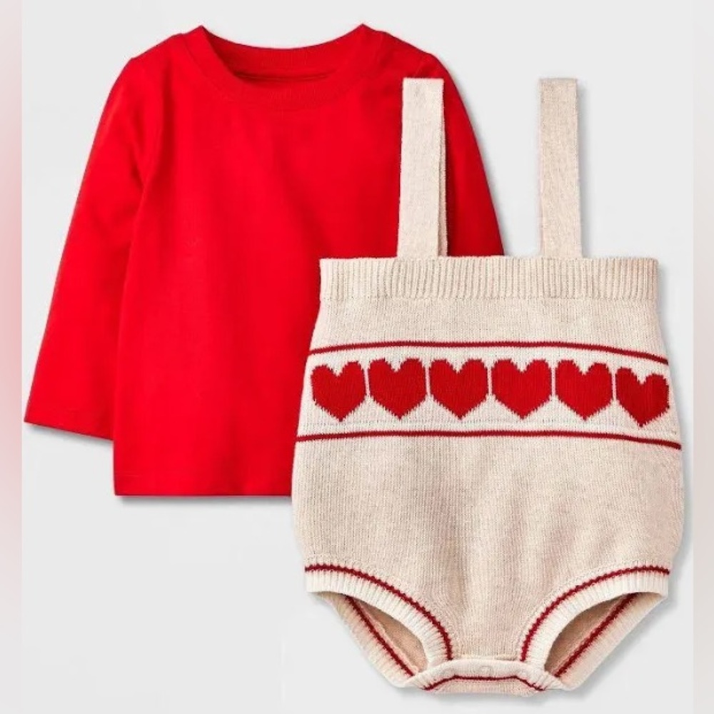 Cat & Jack Baby 2 Piece Long Sleeve Shirt & Knit Heart Romper - Red 3-6M